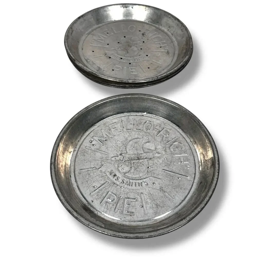 Vintage Mrs Smith's Mello-Rich Metal Pie Pan Plates‎ Silver Tone Lot of 5